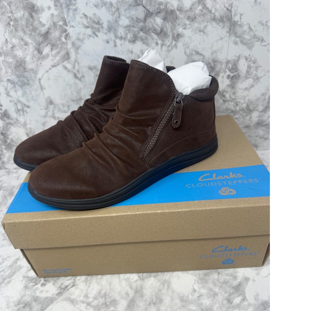 Clarks Cloudsteppers Breeze Path Dark Brown Ruched Ankle Boots Womens 10W New